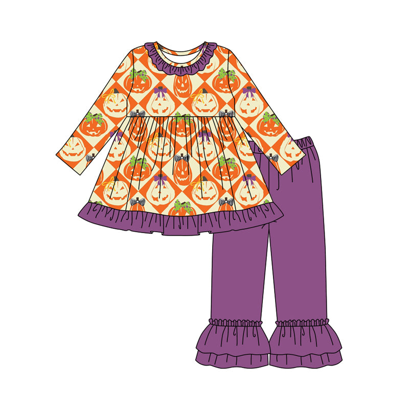 Preorder (moq 5)Baby Girls Ghost Pumpkins Plaid Tunic Ruffle Pant Halloween Set