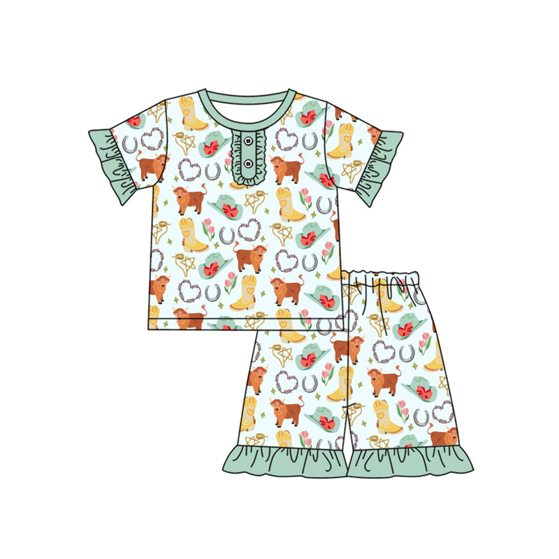 Preorder (moq 5)Baby Girls Aqua Short Ruffle Sleeves Highland Cows Hats Button Top Short Pajamas Set