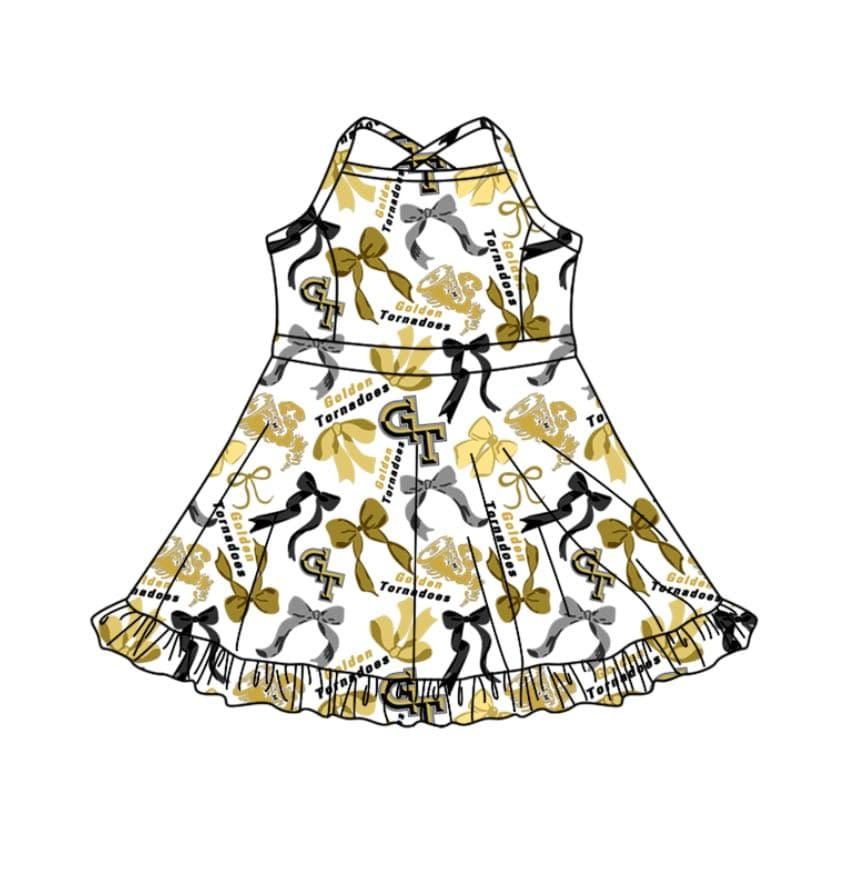 Split Preorder July 20th Baby Girls Strap Golden Tornadoes Bows Plaid Short Ruffle Team Knee Length Dress