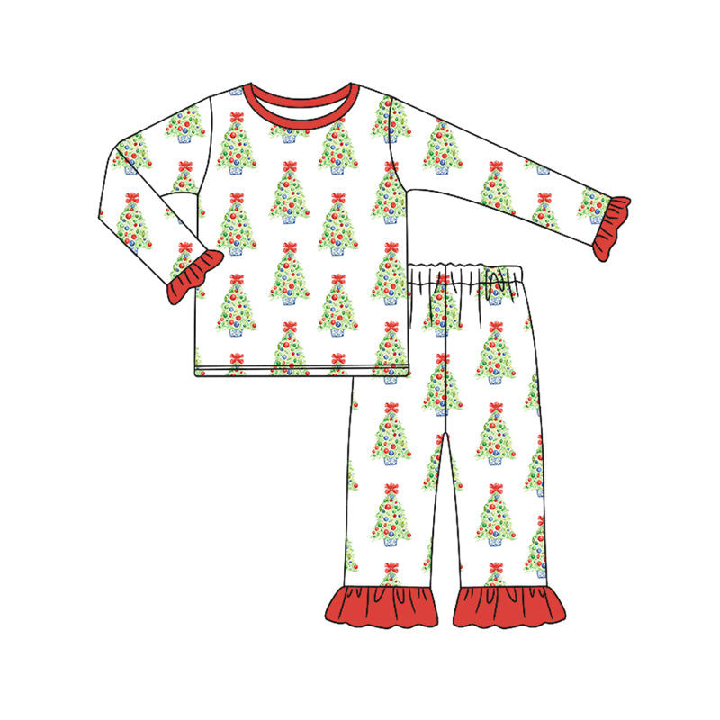 Preorder (moq 5)Baby Girls Long Ruffle Sleeves Trees Plaid Top Pant Pajamas Set