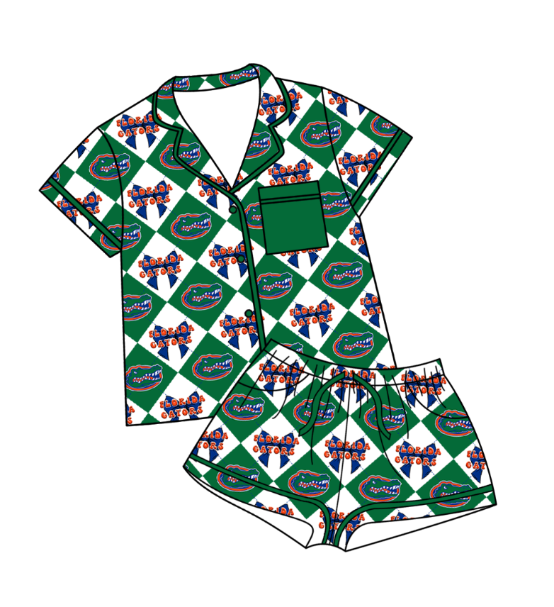 Preorder (moq 5)Baby Girls Team Bows Checked Button Pocket Top Shorts Pajamas Sets