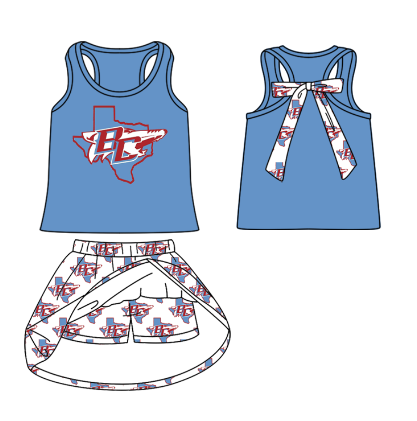 Split Preorder July 21th Baby Girls Team Blue Sleeveless BC Vest Top Plaid Skorts Set