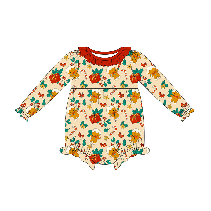 Preorder (moq 5)Baby Girls Long Ruffle Sleeves Gingerbread Candy Cane Bummies Rompers