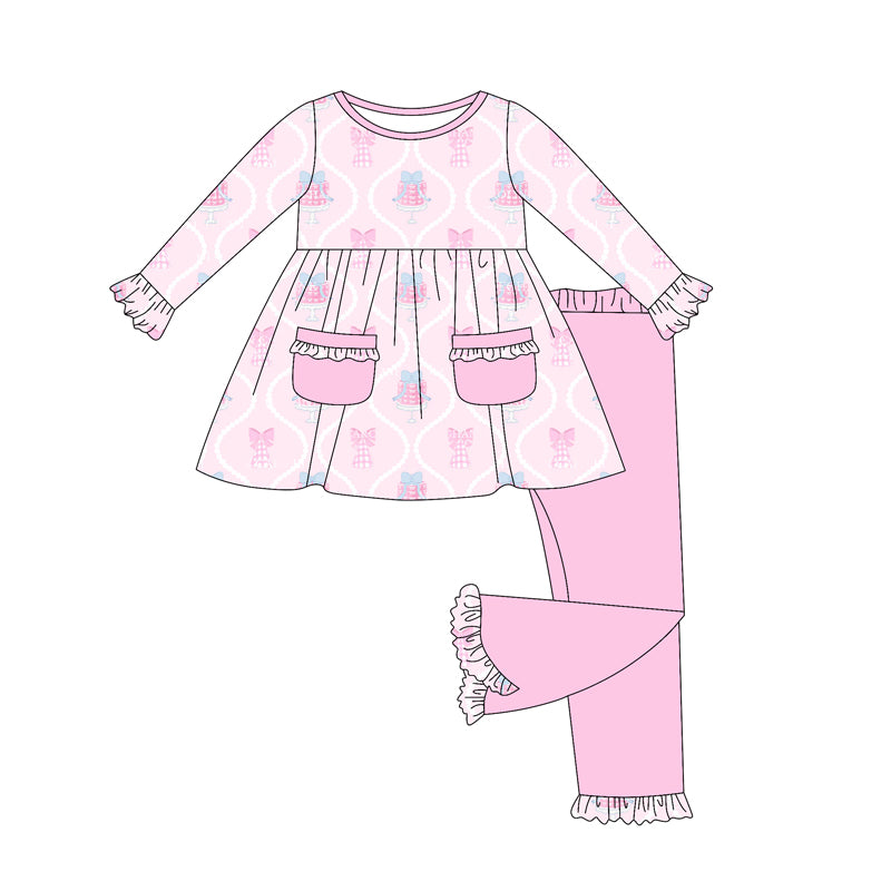 Preorder (moq 5)Baby Girls Long Sleeves Pink Long Ruffle Sleeves Bows Gifts Plaid Pocket Tunic Pant Sets