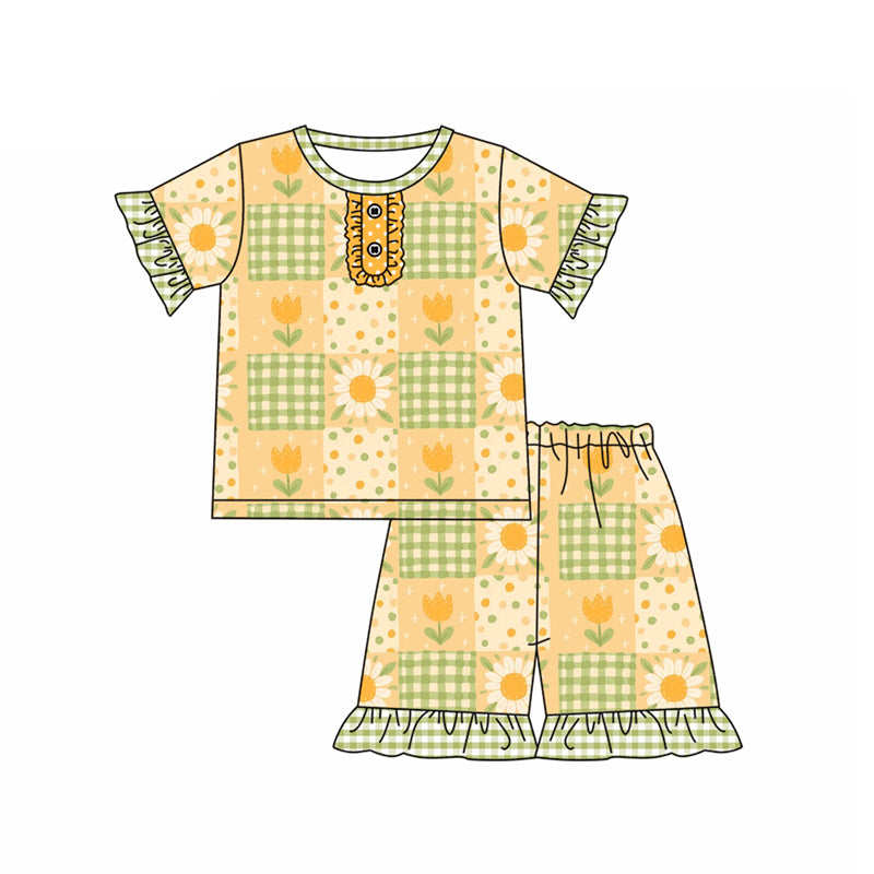 Preorder (moq 5)Baby Girls Short Ruffle Sleeves Button Daisy Flowers Plaid Top Short Pajamas Set
