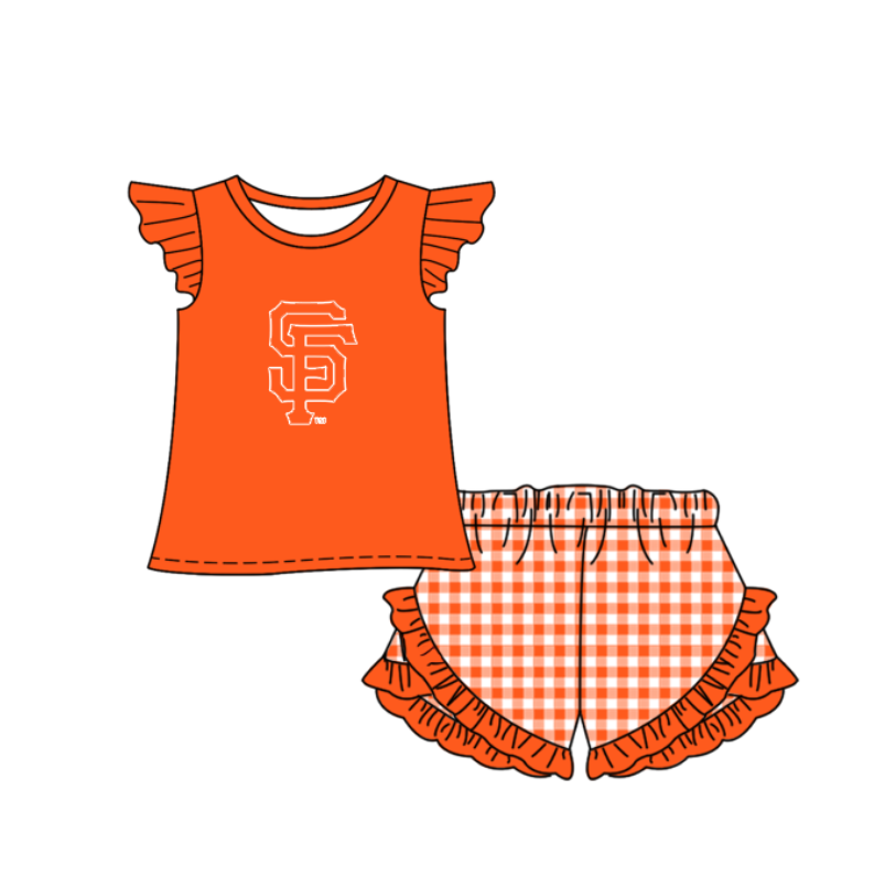 Preorder (moq 5)Baby Girls Orange SF Top Checked Ruffle Short Team Clothes Set