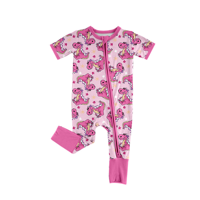 Preorder (moq 5)Baby Girls Pink Short Sleeves Dinosaurs Zipper Rompers