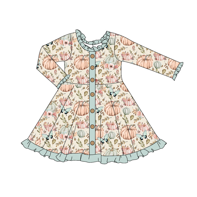 Preorder (moq 5)Baby Girls Long Sleeves Pumpkins Butterfly Button Ruffle Knee Length Dresses