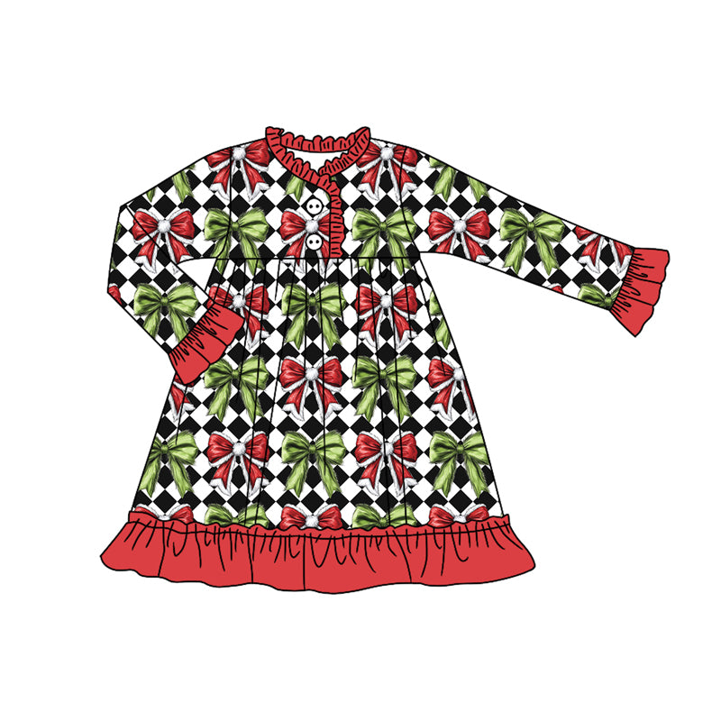 Preorder(moq 5) Baby Girls Long Ruffle Sleeves Green Red Bows Plaid Button Knee Length Dresses