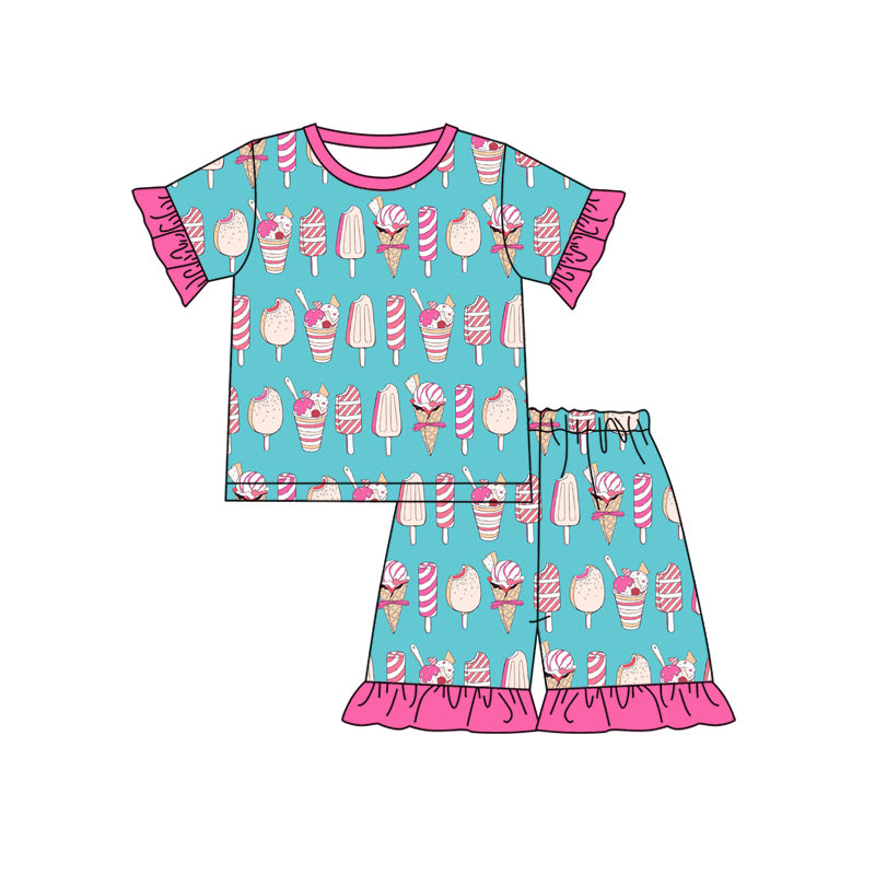 Preorder (moq 5)Baby Girls Blue Pink Popstick Shirt Top Shorts Pajamas Clothes Sets