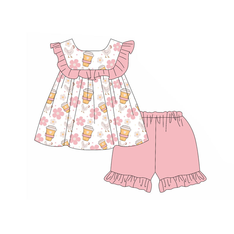 Preorder moq 5 Baby Girls Pink Sleeveless Flowers Chicks Tunic Ruffle Short Set