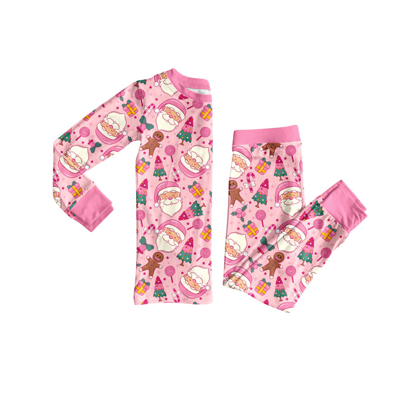 Preorder (moq 5)Baby Girls Pink Long Sleeves Santa Gingerbread Top Pant Pajamas Sets