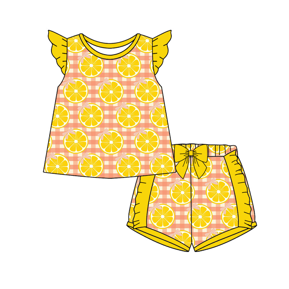 Preorder (moq 5)Baby Girls Flutter Sleeve Lemons Checked Tunic Ruffle Short Clothes Sets