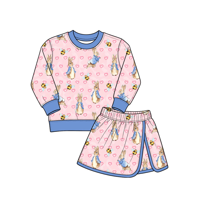 Preorder (moq 5) Girls Easter Pink Bunny WIth heart Bow Sweatshirt & Skirt 2-Piece Set, Kids Casual Everyday Outfit