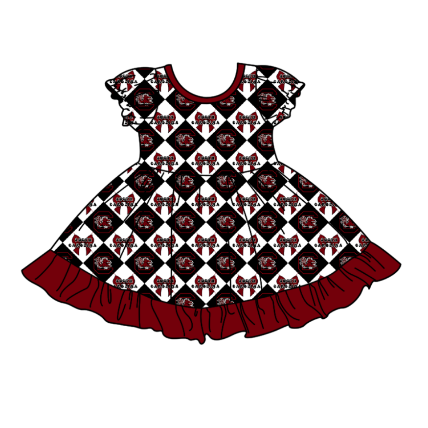 Preorder moq 5 Baby Girls Short Sleeve C Bulls Bows Checked Team Ruffle Knee Length Dresses
