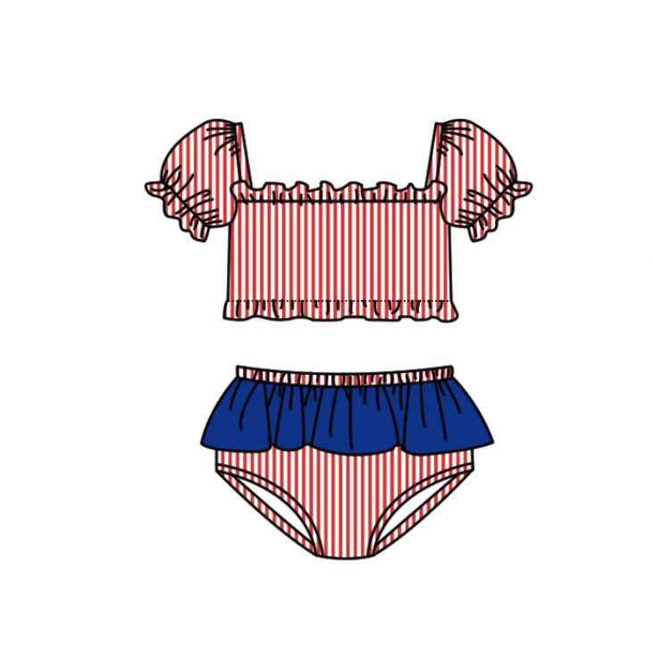 Preorder moq 5 Baby Girls Red Stripe Vest Top Bummies Short Team Swimsuits