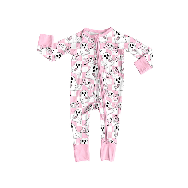 Preorder (moq 5)Baby Girls Pink Plaid Long Sleeves Ghosts BOO Zipper Rompers