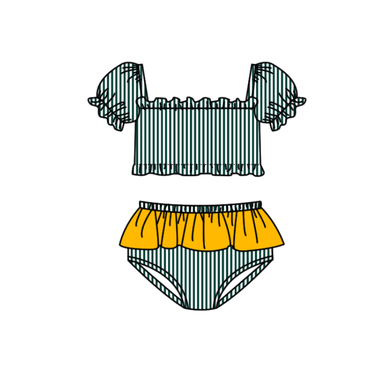 Preorder moq 5 Baby Girls Green Stripe Vest Top Bummies Short Team Swimsuits