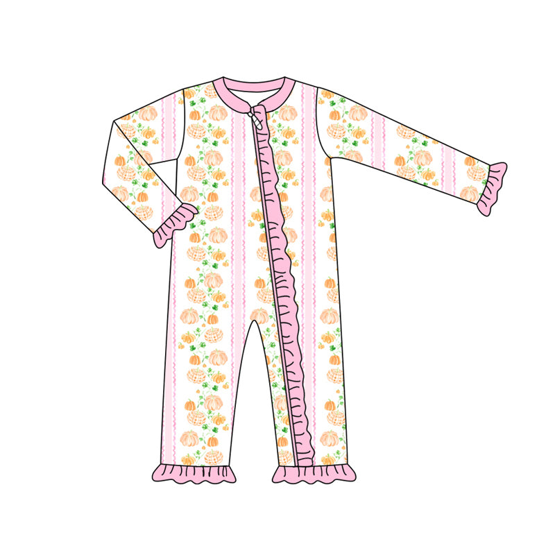 Preorder (moq 5)Baby Girls Long Sleeves Pumpkins Stripes Ruffle Zipper Romper