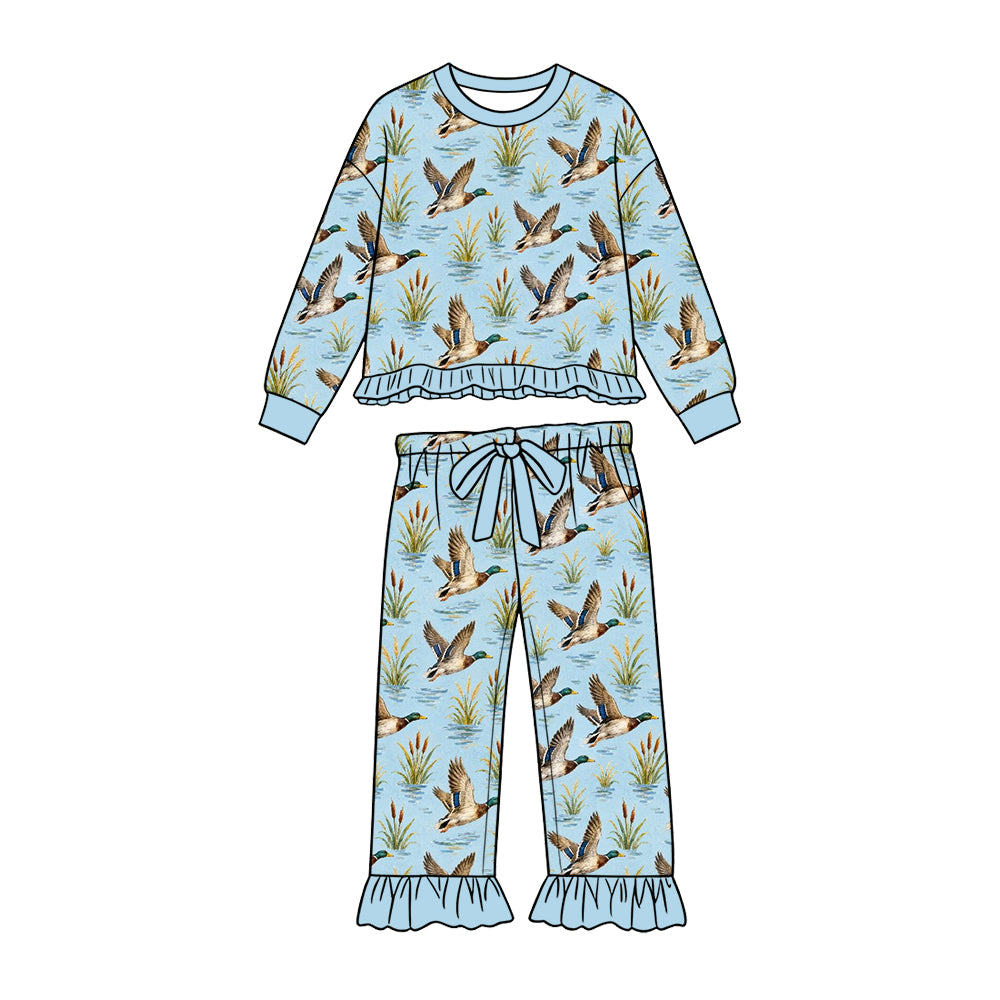 Preorder (moq 5) Baby Girl Clothes Sky Blue Reeds Mallard Duck Allover Print Long Sleeve Ruffle Top Flare Pant Set