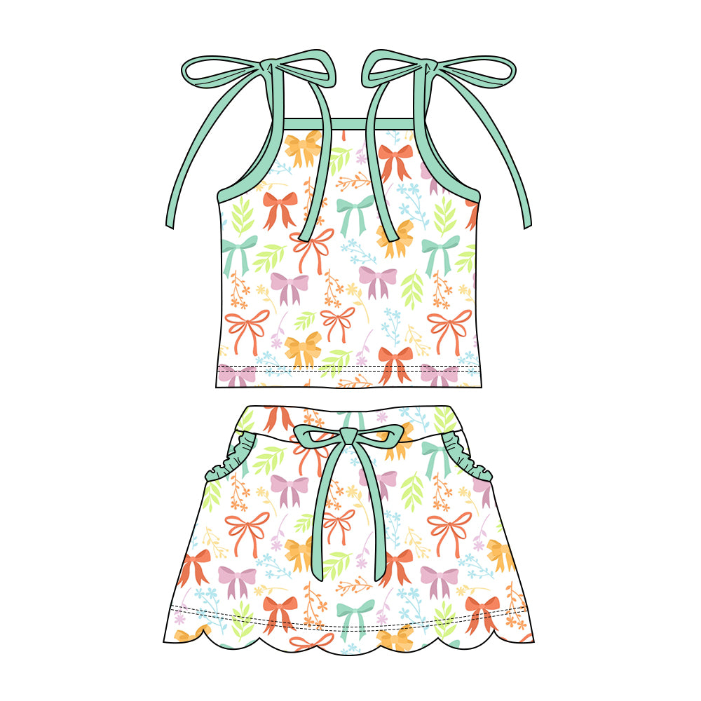 Preorder moq 5 Baby Girls Strap Colorful Flower Bow Top Pockets Scallop Skirt Short Clothes Sets