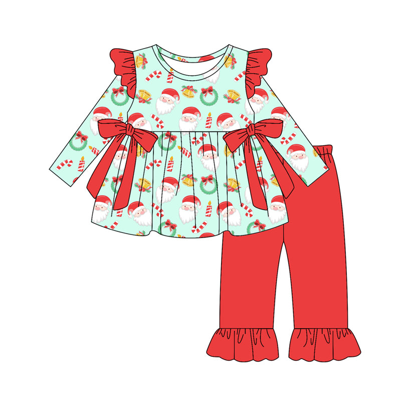 Preorder(moq 5) Baby Girls Santa Candy Cane Bows Tunic Ruffle Pants Christmas Set
