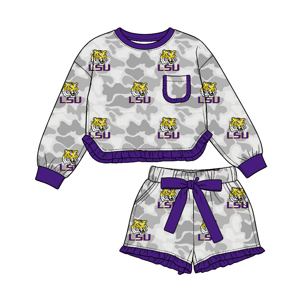 Preorder (moq 5) Baby Girl Clothes Camo LSU Tiger Mixed Print Long Sleeve Ruffle Top Short Ruffle Pant Set