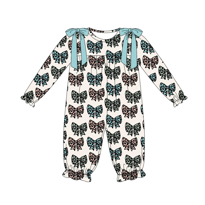 Preorder (moq 5)Baby Girls Long Sleeves Colorful Leopard Bows Plaid Ruffle Pant Romper