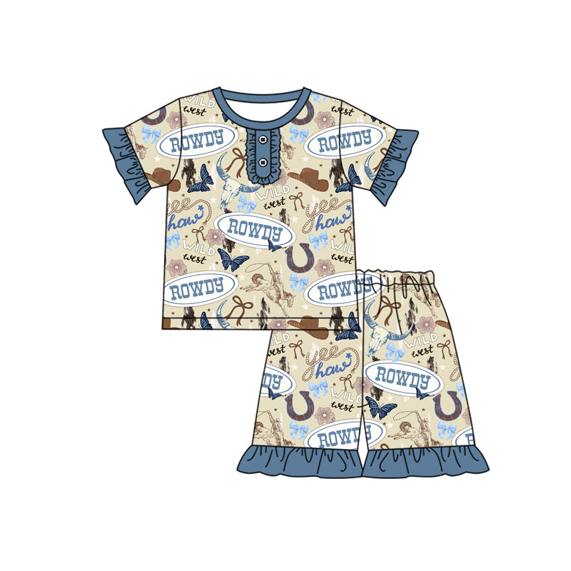 Preorder (moq 5)Baby Girls Blue Horse Rodeo Hats Button Shirt Ruffle Shorts Pajamas Clothes Sets