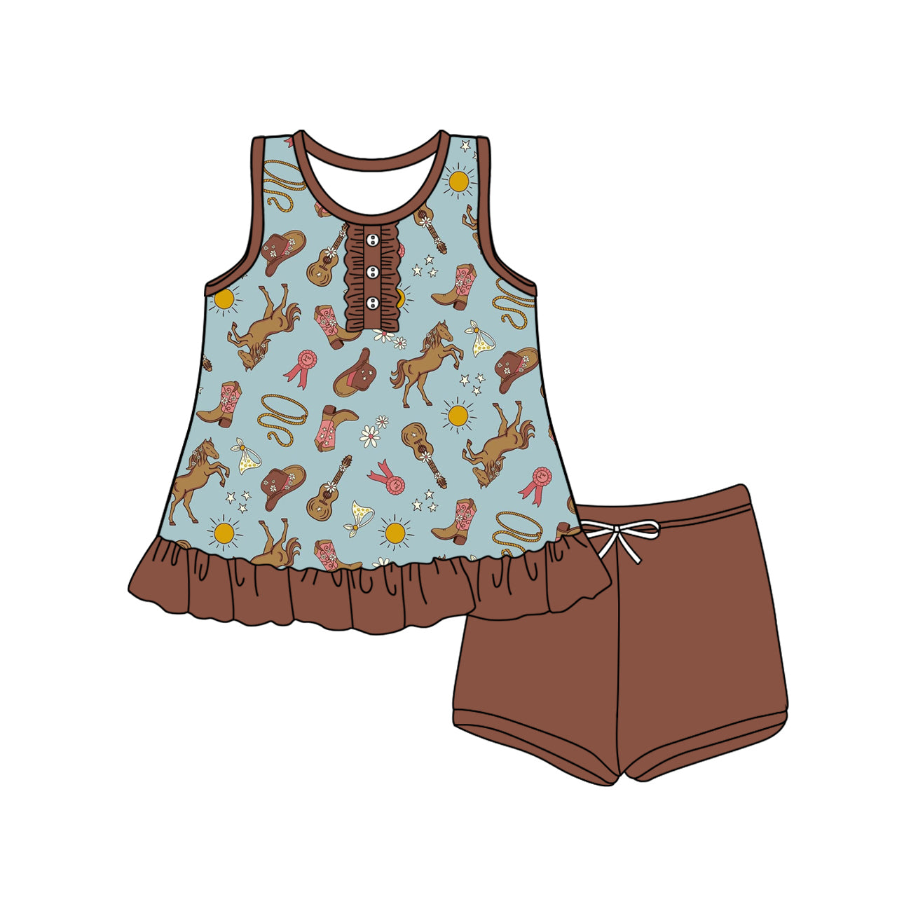 Preorder (moq 5)Baby Girls Dark Brown Sleeveless Button Boots Guitars Tunic Short Set