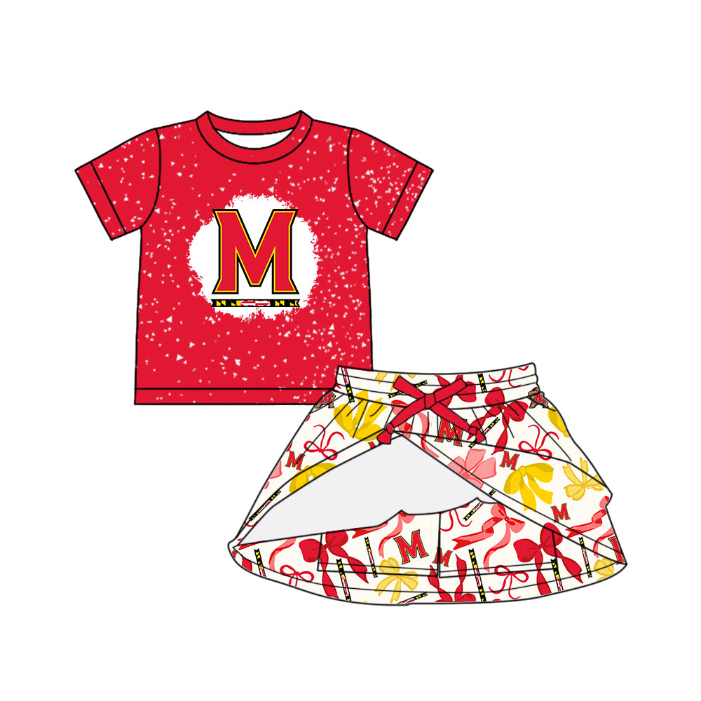 Preorder (moq 5)Baby Girls Red Short Sleeves M Top Bows Plaid Skorts Team Set