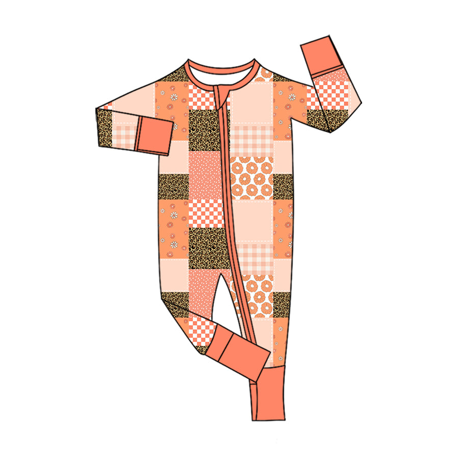 Preorder (moq 5) Baby Girl Clothes Orange Check Floral Leopard Patchwork Mixed Print Long Sleeve Zipper Romper
