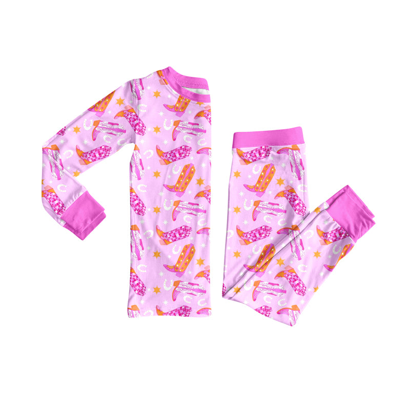 Preorder (moq 5)Baby Girls Hot Pink Long Sleeves Boots Plaid Top Pant Pajamas Set