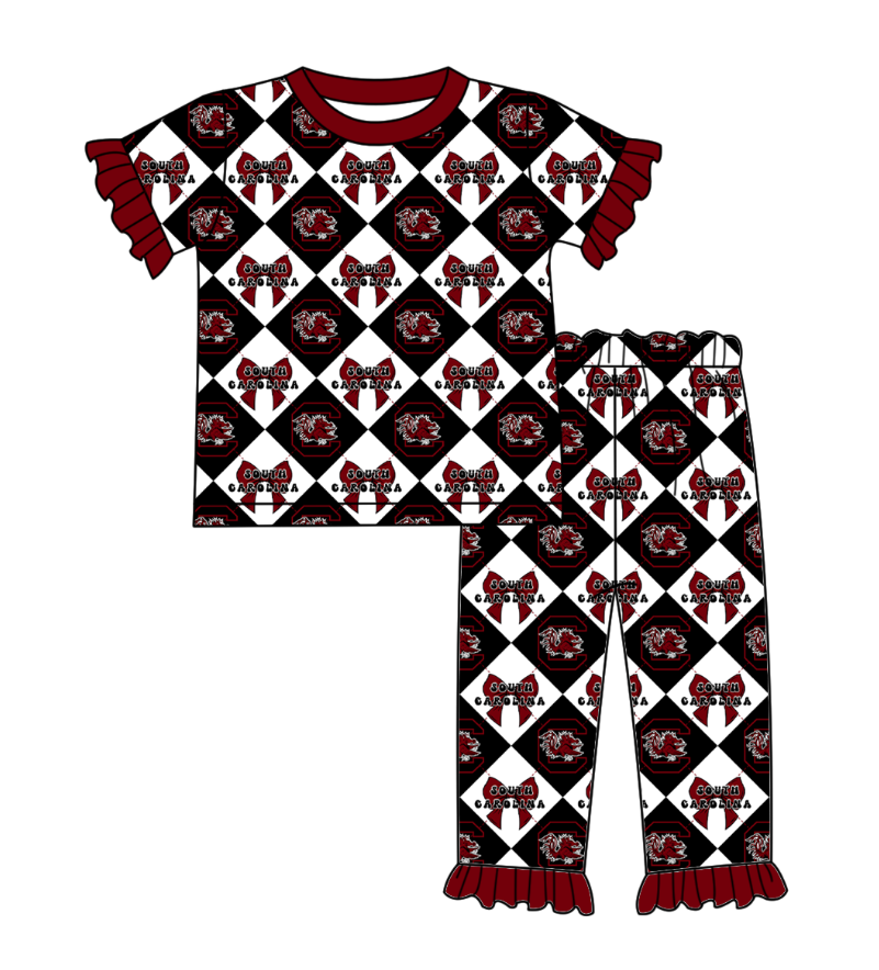 Preorder moq 5 Baby Girls Short Sleeve C Bulls Bows Checked Top Ruffle Pants Team Clothes Set