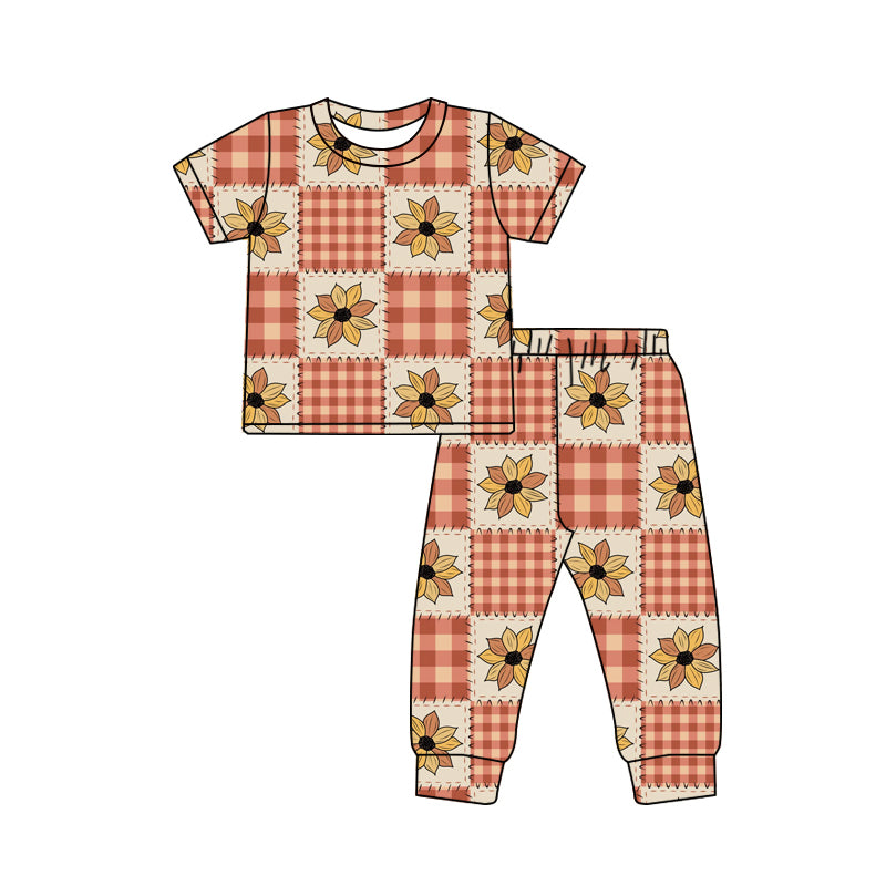 Preorder (moq 5)Baby Boys Short Sleeves Daisy Plaid Top Pant Pajamas Sets