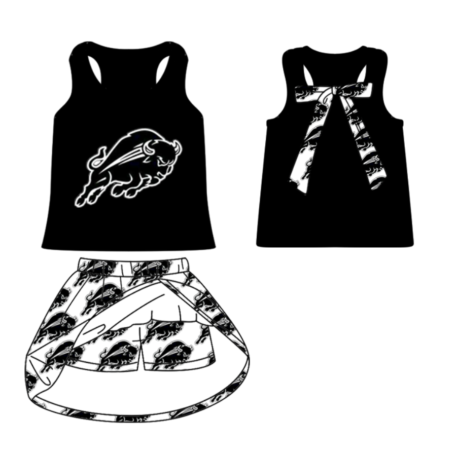Split Preorder July 21th Baby Girls Team Black Sleeveless Bull Vest Top Plaid Skorts Set