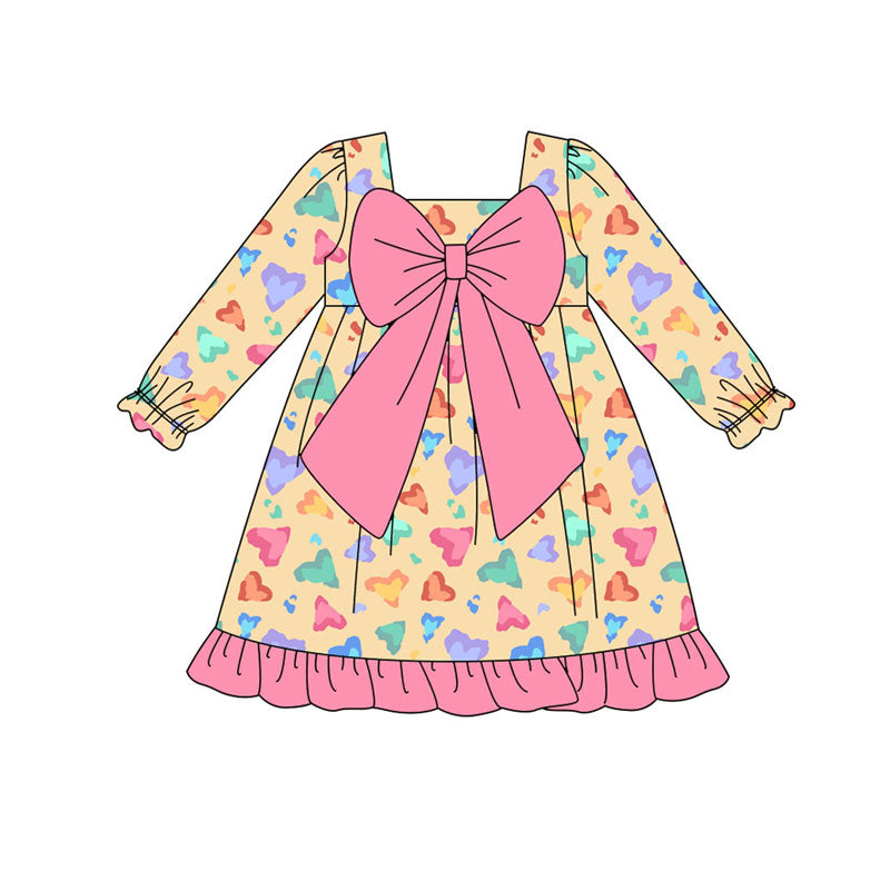 Preorder (moq 5)Baby Girls Colorful Hearts Leopard Bows Valentine Ruffle Knee Length Dress