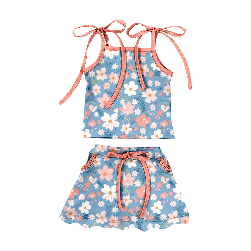 Preorder (moq 5)Baby Girls Colorful Flowers Top Pockets Scallop Skirt Shorts Swimsuits Clothes Set