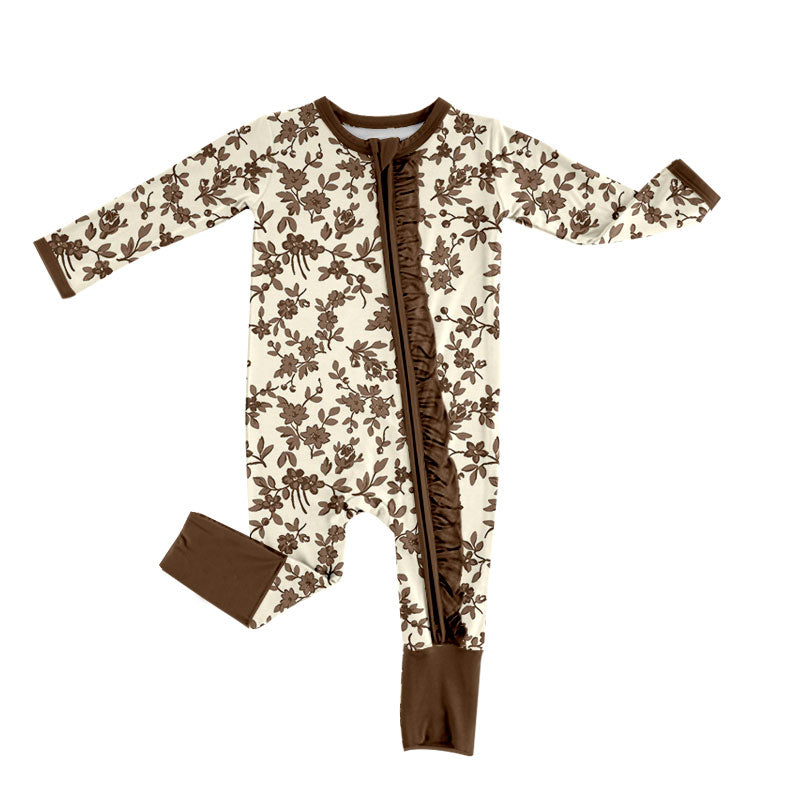 Preorder (moq 5) Baby Girl Clothes Cream Brown Floral Allover Print Long Sleeve Zip Ruffle Romper