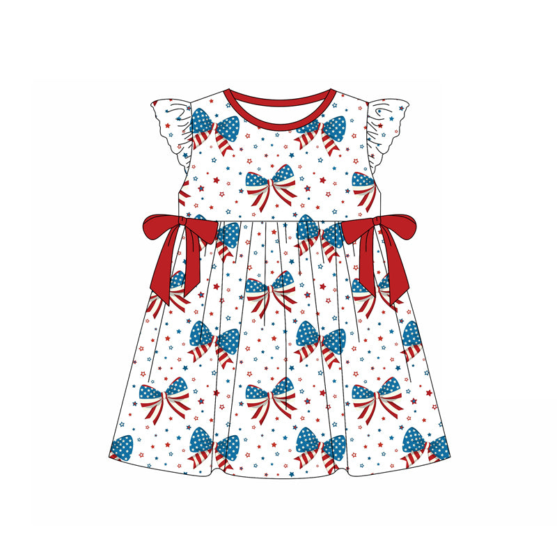 Preorder moq 5 Baby Girls Flutter Sleeves Blue Red Stars Bows 4th Of July Knee Length Dress