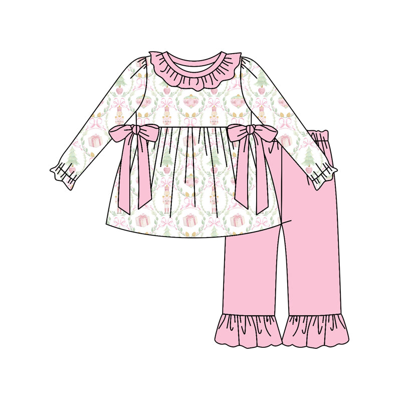 Preorder (moq 5)Baby Girls Long Sleeves Floral Plaid Bows Tunic Ruffle Pant Sets