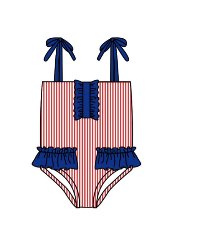 Preorder moq 5 Baby Girls Strap Red Stripe Team Swimsuits