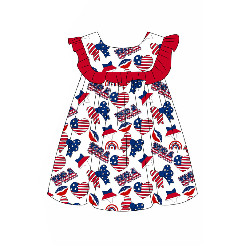Preorder moq 5 Baby Girls Sleeveless Blue Red Flag Hearts Bows 4th Of July Knee Length Dress