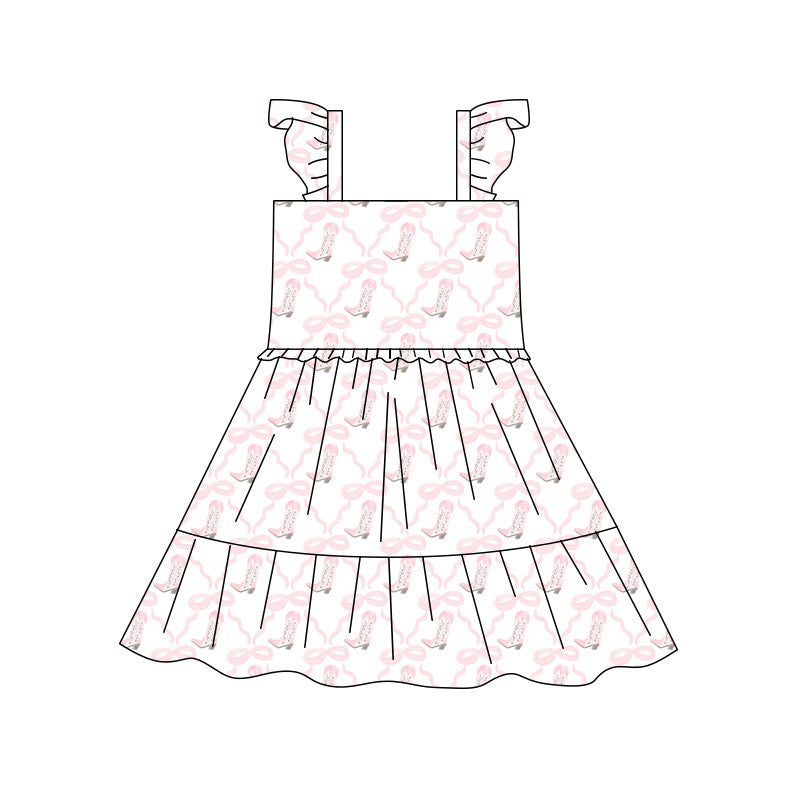 Preorder(moq 5) Baby Girls Pink Bows Boots Checked Patchwork Western Knee Length Dresses