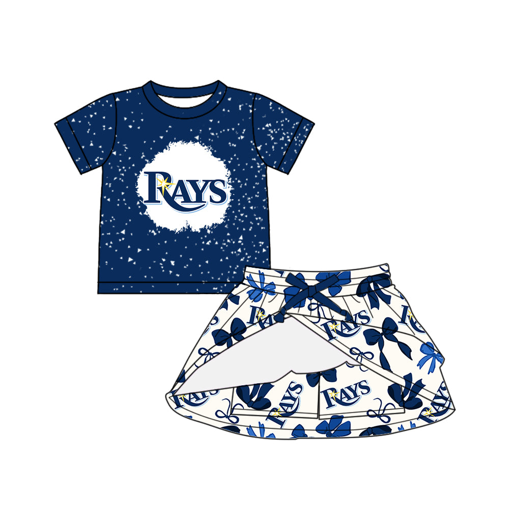 Preorder (moq 5)Baby Girls Navy Short Sleeves Rays Top Bows Plaid Skorts Team Set