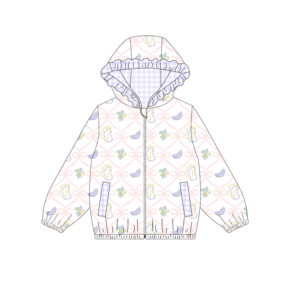 Preorder(moq 5) Baby Girls Bows Masks Checked Zipper Pockets Mardigras Ruffle Hoodies Top