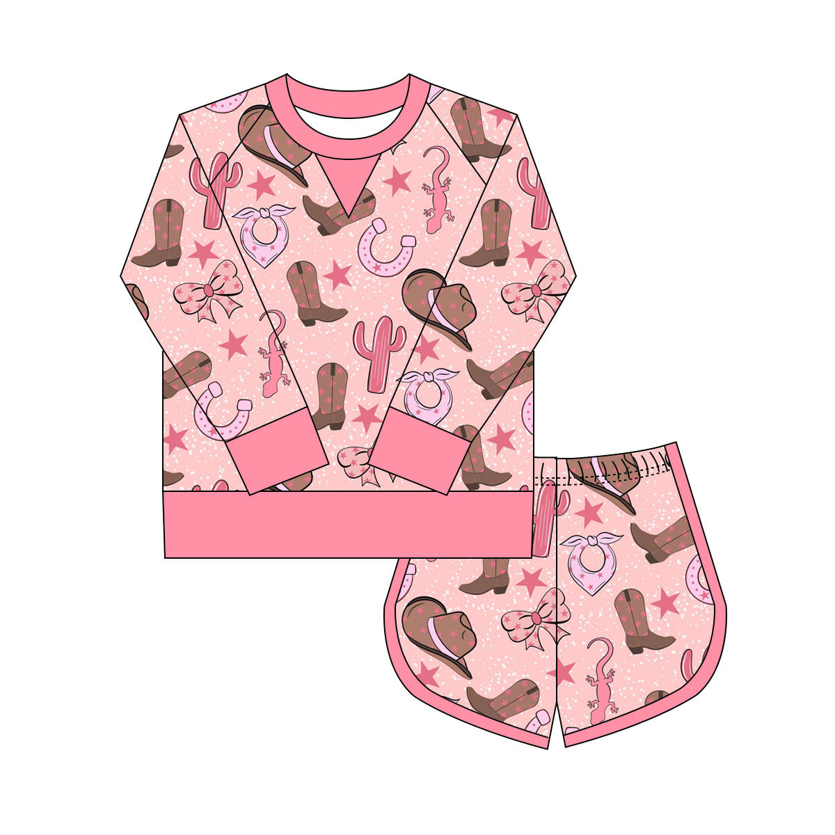 Preorder(moq 8)Baby Girls Pink Stars Boots Cactus Long Sleeve Top Shorts Western Clothes Set