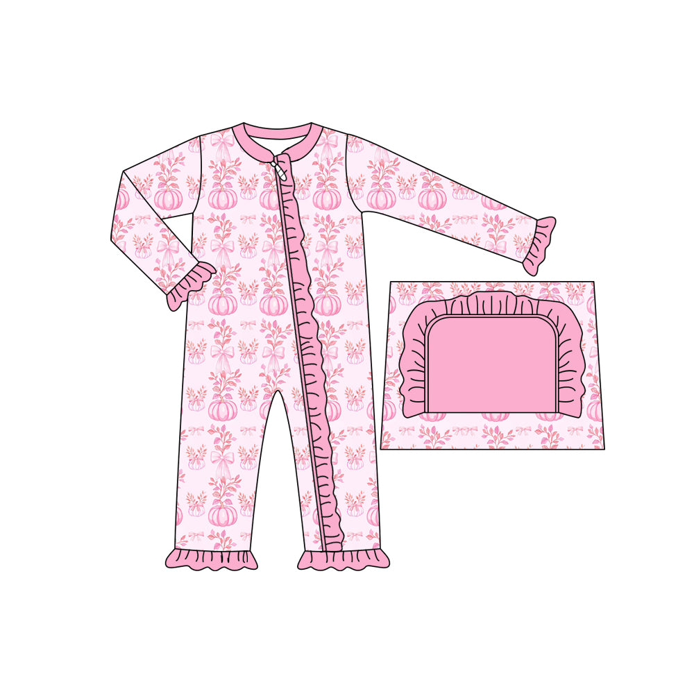 Preorder (moq 5)Baby Girls Long Ruffle Sleeves Pink Floral Pumpkins Zipper Rompers