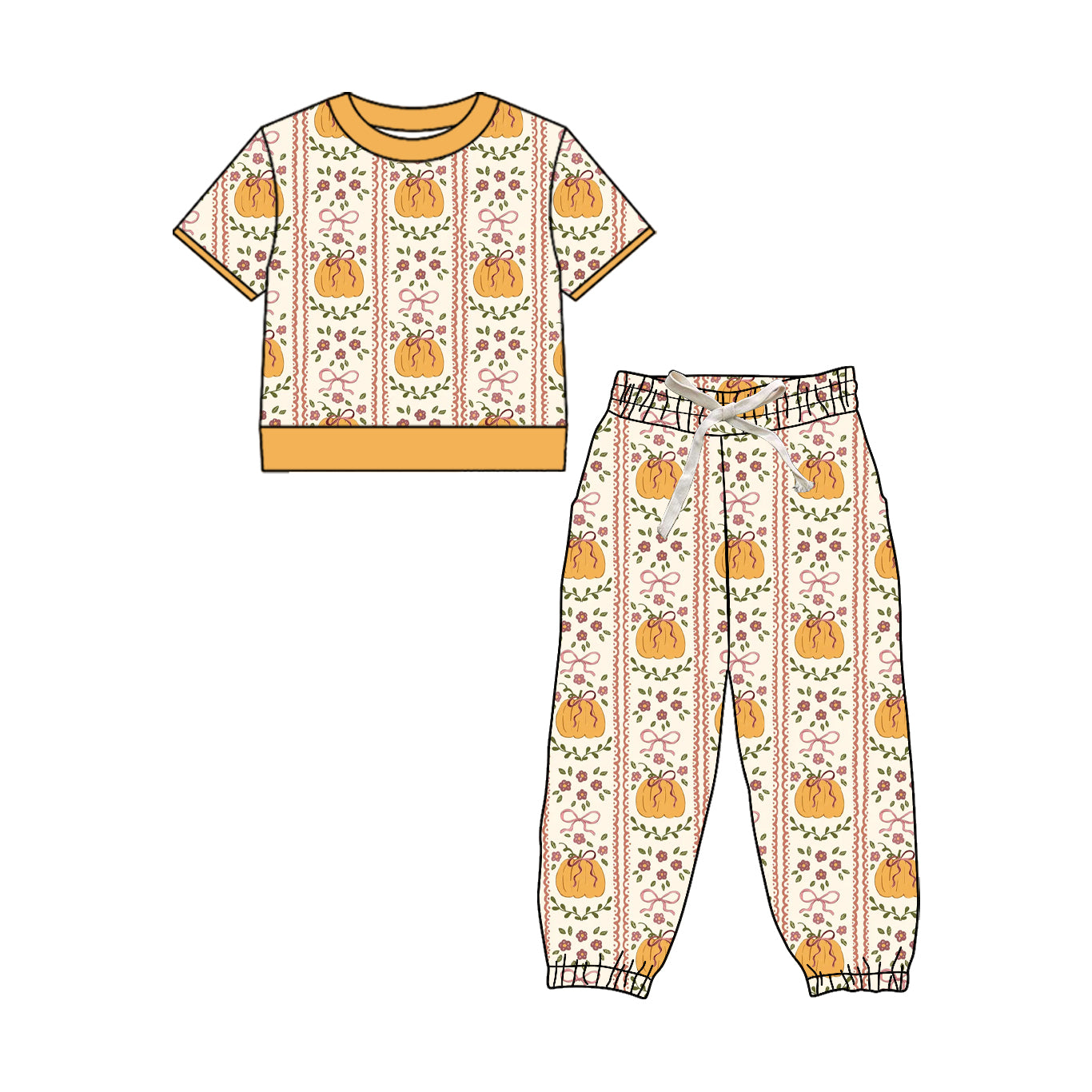 Preorder (moq 5)Baby Girls Short Sleeve Pumpkins Bows Top Jogger Pant Fall Clothes Sets