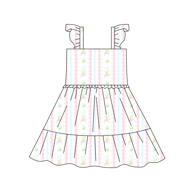 Preorder(moq 5) Baby Girls Bows Flowers Stripe Patchwork Knee Length Dresses